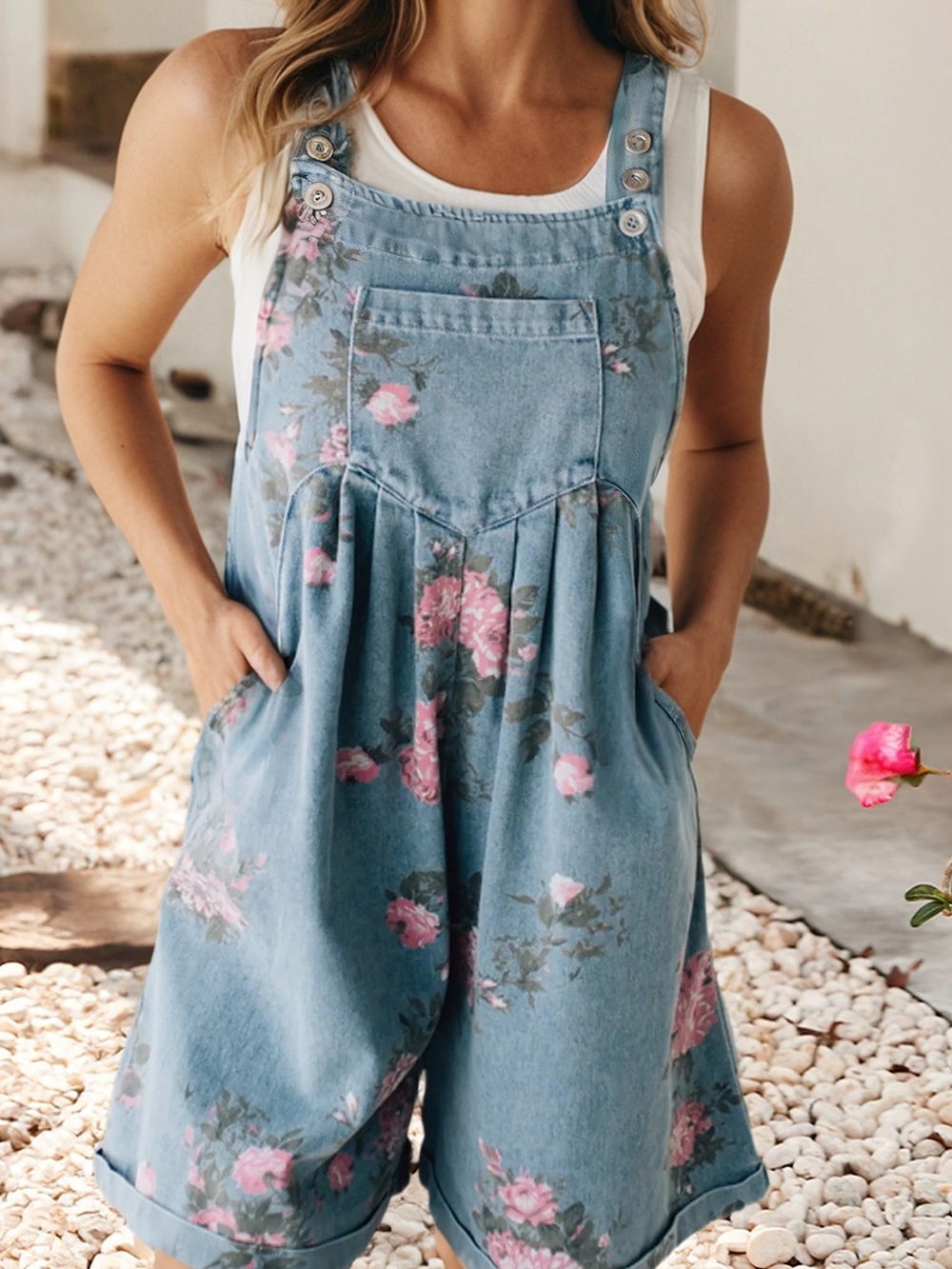 Light Blue Floral Denim Romper Overalls